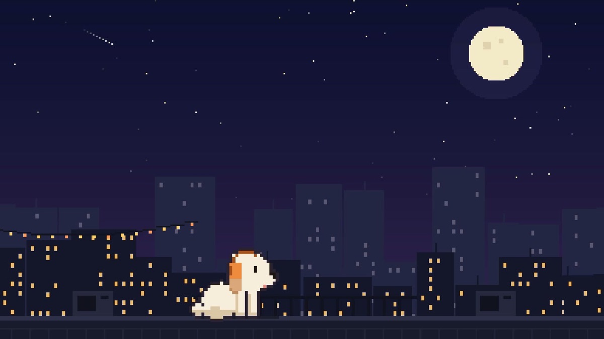 lofi puppy radio 的像素動畫畫面：小狗戴著耳機坐在夜晚屋頂看月亮
